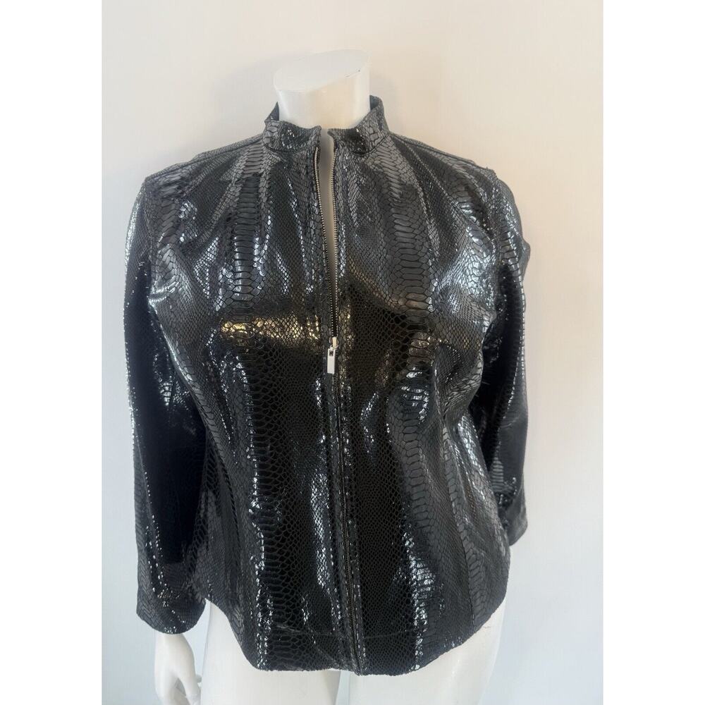 Chico's 3 Shiny Black Leather Snakeskin Zip-Front Jacket Plus Size 16